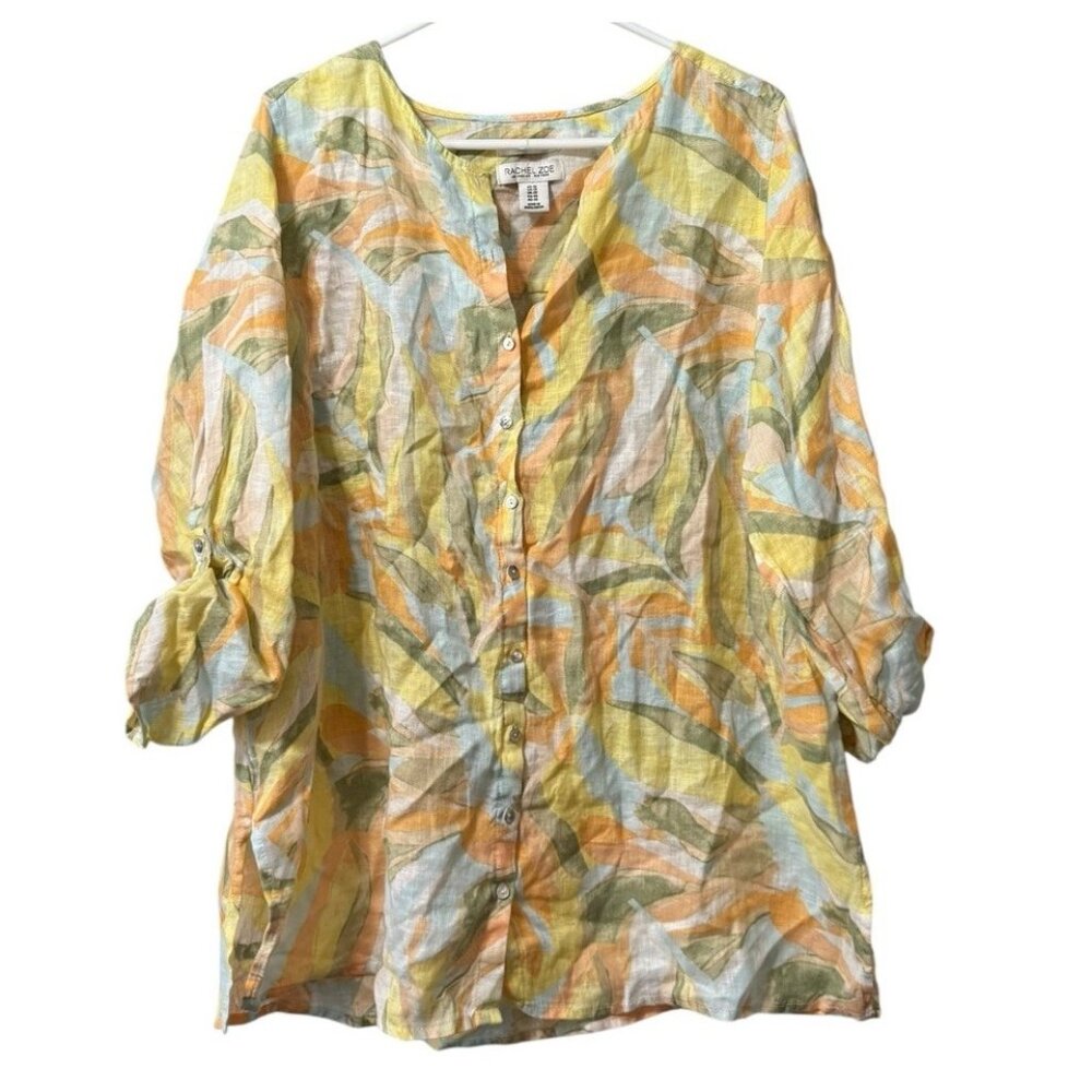 Rachel Zoe 100% Linen Button Down Tunic Shirt Size 1X Beach Vacation Resort wear